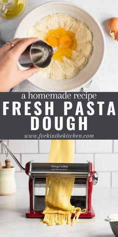 homemade fresh pasta dough being made in a bread machine and then topped with an egg