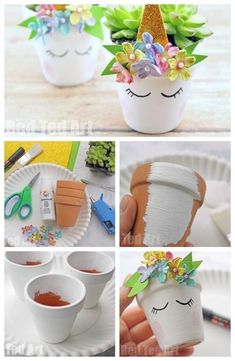 several pictures of different things that are made out of toilet paper and plastic cups with flowers in them