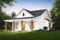 a small white house with brown trim on the front porch and two windows in the back