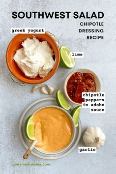 the ingredients to make southwest salad are shown in separate bowls and labeled on each side