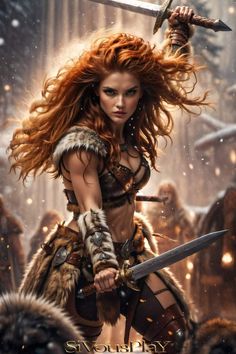 a woman with red hair holding two swords