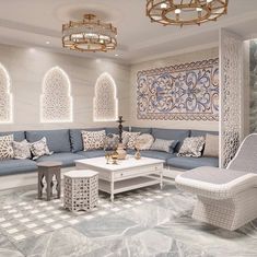 a living room filled with lots of furniture and walls covered in intricately designed wall coverings