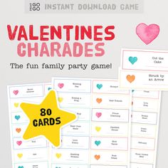 Valentine's Day charades is a fun group game the whole family can play with no limit to how many people can participate! Divide your group into equal teams and give yourself a winning team name. To play charades each team should take it in turns for one person to draw a card and act - without talking - what is depicted on the card. Their teammates have 1 minute to correctly guess the card. Each card that your team can correctly guess is worth 1 point. If your team fails to correctly guess the ca Charades Cards, Fun Group Games, Family Party Games, Valentine's Day Games, Fun Group, Valentine Print, Group Games, Family Party, Family Parties