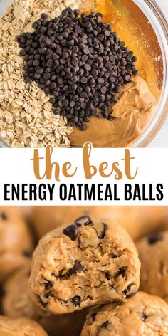 the best energy oatmeal balls in a glass bowl with chocolate chips and peanut butter