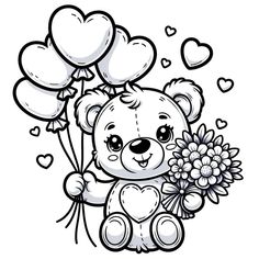 a teddy bear holding balloons and flowers