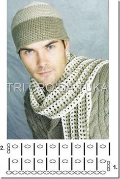 a man wearing a knitted hat and scarf with the knitting pattern in front of him