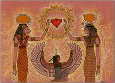 an egyptian painting with two women and a heart surrounded by sunbursts on pink background