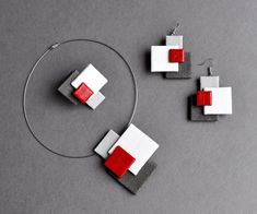 "Geometric bloom, Short necklace, Artistic necklace, Geometric composition, Contemporary jewelry, Gray with red accent, Fashion collar... Minimalist artistic short necklace. Geometric composition fashion collar from geometric bloom collection. Contemporary pop art style necklace in gray shades with red accent. Necklace is available also as part of jewelry set.  Options: - Choose necklace, earrings, ring , brooch or one of sets.  Dimensions and description - Necklace cable length: 17.5\"/ 45cm; ( Modern Red Necklace For Gift, Modern Red Necklace Perfect As A Gift, Artistic Necklace, Black And White Rings, Contemporary Pop Art, Abstract Necklace, Gray Shades, Contemporary Handmade Jewelry, Slider Necklace