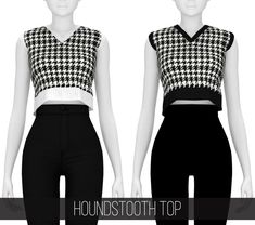 two female mannequins wearing black and white outfits with houndstooth tops on them