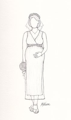 a drawing of a pregnant woman wearing a dress and holding a flower bouquet in her hand