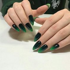 Ombre Goth Nails, Black And Green Ombré Nails, Green Goth Nails Grunge, Dark Green Gradient Nails, Dark Green Ombre Acrylic Nails, Goth Chic Nails, Ferxxocalipsis Nails, Goth Coffin Acrylic Nails, Witchy Ombre Nails