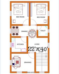 two bedroom house plan with living room and dining area in the middle, which is located on