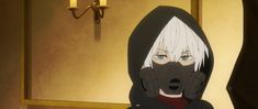 an anime character with white hair wearing a gas mask