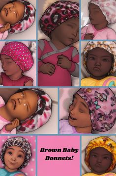 the baby is sleeping in her mother's arms and head, with many different hats on