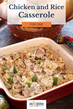 chicken and rice casserole with text overlay