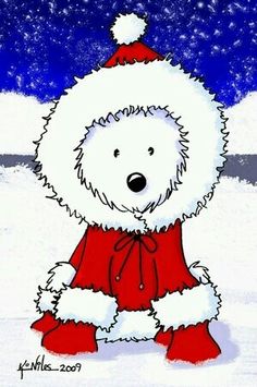 a drawing of a polar bear wearing a santa hat and red pants in the snow