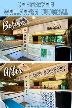 the before and after shots of a campervan kitchen remodel with wood paneling