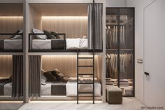 a bedroom with bunk beds and closets in it