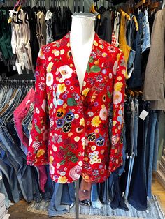 "♥ D E S C R I P T I O N ♥ Beautiful vintage 1980's red floral print with insects silk blazer. ♥ S I Z E & M E A S U R E M E N T S ♥ Measurements are taken laid flat and unstretched. Double measurements to get the all around.  Labeled As: Size 8 Fits size medium  Length: 29\" Bust: 19.5\" Shoulder: 16.5\" Waist: 17.5\" ♥ Authenticity Guarantee ♥ All items sold in our shop are 100% guaranteed authentic or your money back." Fitted Printed Summer Blazer, Summer Fitted Printed Blazer, Floral Print Long Sleeve Blazer For Party, Long Sleeve Floral Print Blazer For Party, Spring Party Blazer With Floral Print, Red V-neck Summer Outerwear, Silk Long Sleeve Blazer With Floral Print, Vintage Printed Outerwear For Spring, Vintage Floral Print Blazer For Spring