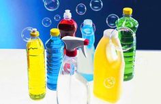 several different types of water bottles and soap bubbles