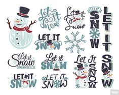 the words and snowmen are all in different colors, shapes, and font styles