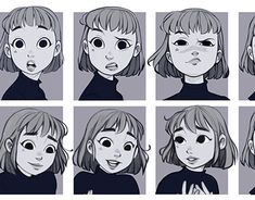 an animation character's face expressions in various poses