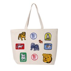 Heavyweight 12oz jumbo tote bag featuring a collection of vintage d&w iron-on bulldog patches. Big enough to fit beach gear, gym clothes, shopping items & possibly even an actual bulldog. Tote Bag Details • Color: Natural• 100% Cotton• Heavy 12oz canvas• Size: 19.5" Wide x 14.75" Height x 5" Deep Bag Details, Beach Gear, Clothes Shopping, Gym Clothes, Shopping Items, English Bulldog, Vintage Tees, Gym Outfit, Canvas Size