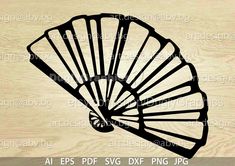 a black and white silhouette of a fan on a wooden background with the words, aes pdf svg dxf file