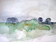 an abstract painting with watercolors and ink on paper, depicting three bears in the distance