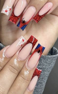 #spiderman#nails#acrylic Paznokcie Hello Kitty, Kylie Nails, 2025 Spring, Halloween Acrylic Nails, Pretty Gel Nails, Acrylic Nails Coffin Pink, Unique Acrylic Nails, Nails Spring