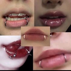 multiple images of different types of lips and nose piercings, including an open mouth