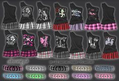 a group of girls'skirts and shirts with different designs on the skirt are shown