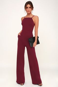 Something to Behold Burgundy Jumpsuit Elegant Solid Jumpsuits With Spaghetti Straps, Fitted Jumpsuits And Rompers With Back Opening, Fitted Jumpsuits With Back Opening, Elegant Evening Jumpsuit With Spaghetti Straps, Elegant Jumpsuits And Rompers With Spaghetti Straps, Fitted Full-length Jumpsuits And Rompers For Date Night, Fitted Full-length Jumpsuits For Date Night, Formal Fitted Strapless Backless Jumpsuit, Formal Strapless Backless Fitted Jumpsuit