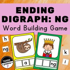 the word building game for kids with pictures of animals and slotty on it, including letters