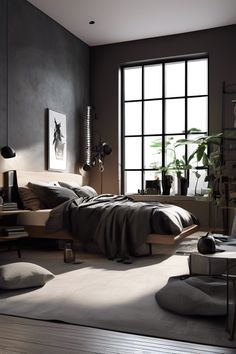 a bedroom with black walls and wooden flooring