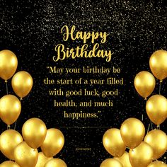 happy birthday card with gold balloons and confetti on black background for someone's special day