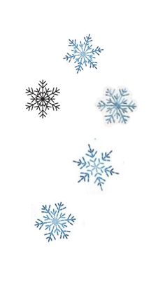 three snowflakes are flying in the air on a white background with blue ink