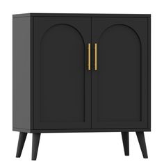 a black and gold cabinet with two doors on one side, the door is open to reveal