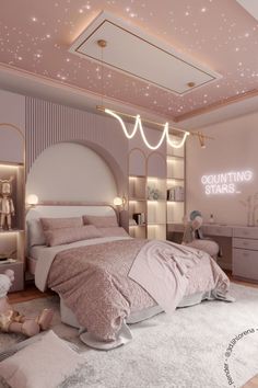 a bedroom decorated in pink and white with stars on the ceiling, bedding and rugs