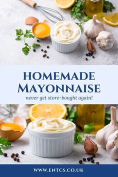 homemade mayonnaise recipe with oranges and garlic on the side, surrounded by other ingredients