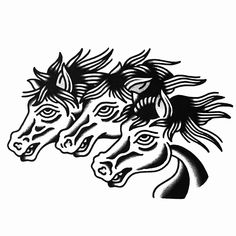 black and white drawing of three horse heads