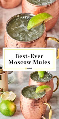 two moscow mules with lime garnish in copper mugs and the title overlay reads best ever moscow mules