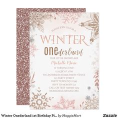 a pink and gold winter onederland birthday party card with snowflakes on it