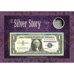 the silver story book cover with an image of a one dollar bill in purple and gold