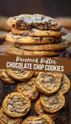 one image shows five cookies stacked on each other on a wooden board. the second image shows a few cookies on a black baking sheet. Browned Butter Chocolate Chip Cookies, Brown Butter Chocolate Chip Cookies, Pinwheel Recipes, Browned Butter, Chocolate Chip Recipes, Chocolate Chunk Cookies