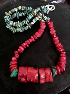 Red Coral and Turquoise Necklace  Every piece of jewelry I make is made with specific meaning. In this piece I chose to use red coral. For the Mexica red coral is symbolic of  fertility and can be used for blood conditions.  I also chose to use turquoise because it is a protective stone that protects against outside energy not belonging to you.   Every piece of jewelry I make for myself is finished with a lava rock and 3 pieces of turquoise at the end of each strand.  The Mexica acknowledge lava rocks as our abuela(o)s, our grandmothers and grandfathers. They remind us of the knowledge and wisdom that our ancestors carried which we also carry as we are connected to them.   This piece is also finished with lava rock and turquoise, sharing with you the intention of the strength and wisdom of Artisan Hand-strung Red Coral Necklace, Red Coral Pendant Necklace, Unique Red Gemstone Bead Necklaces, Unique Red Coral Gemstone Bead Necklaces, Red Coral Necklace With Natural Stones, Southwestern Red Necklace With Polished Beads, Unique Hand-strung Red Coral Necklaces, Southwestern Style Red Necklace With Polished Beads, Bohemian Red Turquoise Single Strand Necklace