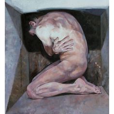 a painting of a naked man sitting in a stone tunnel with his hands on his knees