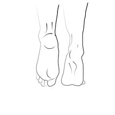 a black and white line drawing of a person's bare feet with one foot on the ground