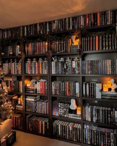 a bookshelf filled with lots of books next to a christmas tree