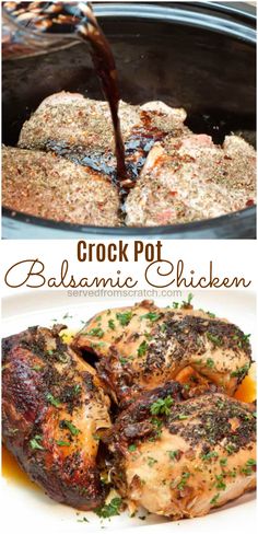 crock pot balsamic chicken is being poured into the slow cooker to cook it